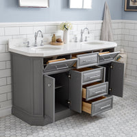 Water Creation 60" Palace Collection Quartz Carrara Cashmere Grey Bathroom Vanity Set with Hardware and F2-0012 Faucets, Mirror in Chrome Finish PA60D-0112CG - Model Bath