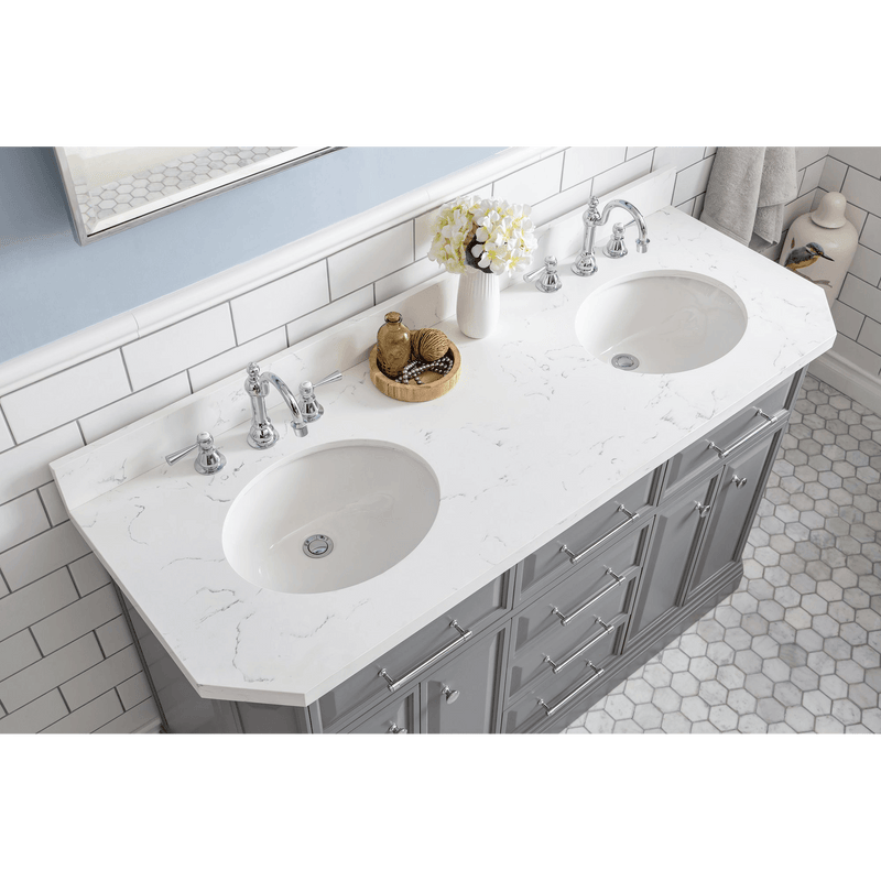 Water Creation 60" Palace Collection Quartz Carrara Cashmere Grey Bathroom Vanity Set with Hardware and F2-0012 Faucets, Mirror in Chrome Finish PA60D-0112CG - Model Bath