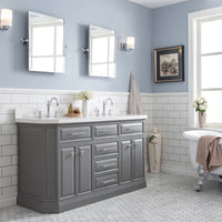 Water Creation 60" Palace Collection Quartz Carrara Cashmere Grey Bathroom Vanity Set with Hardware and F2-0012 Faucets, Mirror in Chrome Finish PA60D-0112CG - Model Bath