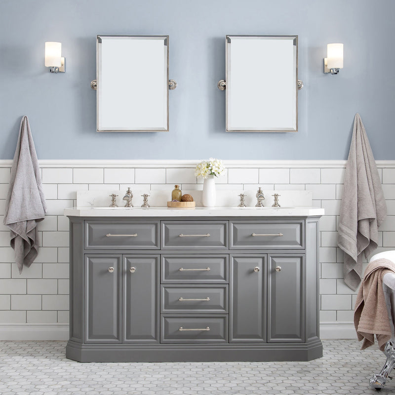 Water Creation 60" Palace Collection Quartz Carrara Cashmere Grey Bathroom Vanity Set with Hardware and F2-0013 Faucets in Polished Nickel (PVD) Finish PA60C-0513CG - Model Bath