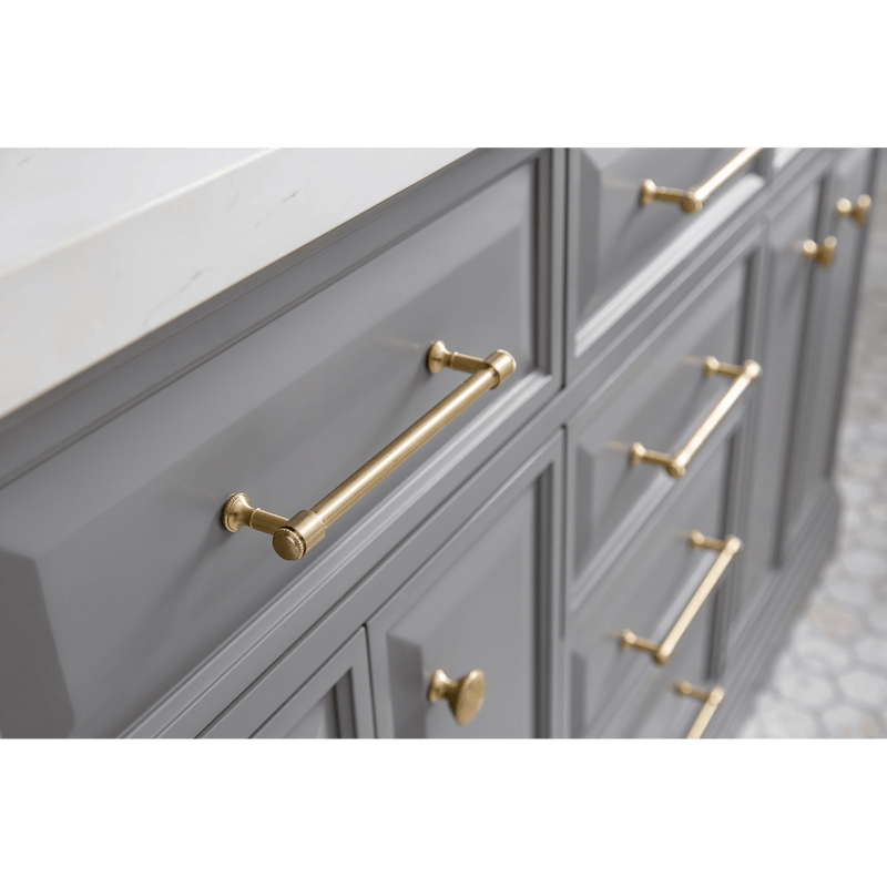 Water Creation 60" Palace Collection Quartz Carrara Cashmere Grey Bathroom Vanity Set with Hardware and F2-0013 Faucets in Satin Gold Finish and Only Mirrors in Chrome Finish PA60D-0613CG - Model Bath