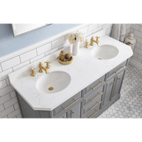 Water Creation 60" Palace Collection Quartz Carrara Cashmere Grey Bathroom Vanity Set with Hardware and F2-0013 Faucets in Satin Gold Finish and Only Mirrors in Chrome Finish PA60D-0613CG - Model Bath