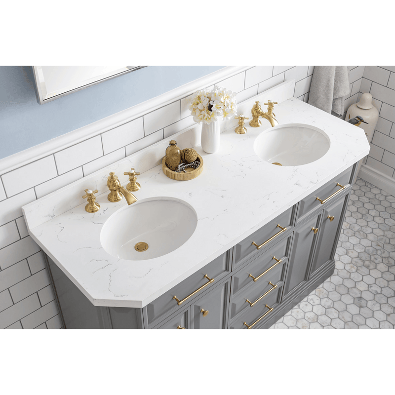 Water Creation 60" Palace Collection Quartz Carrara Cashmere Grey Bathroom Vanity Set with Hardware and F2-0013 Faucets in Satin Gold Finish and Only Mirrors in Chrome Finish PA60D-0613CG - Model Bath