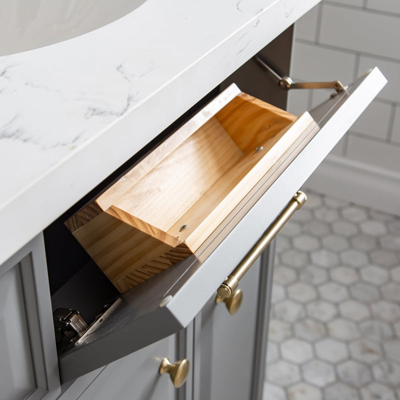 Water Creation 60" Palace Collection Quartz Carrara Cashmere Grey Bathroom Vanity Set with Hardware and F2-0013 Faucets in Satin Gold Finish and Only Mirrors in Chrome Finish PA60C-0613CG - Model Bath