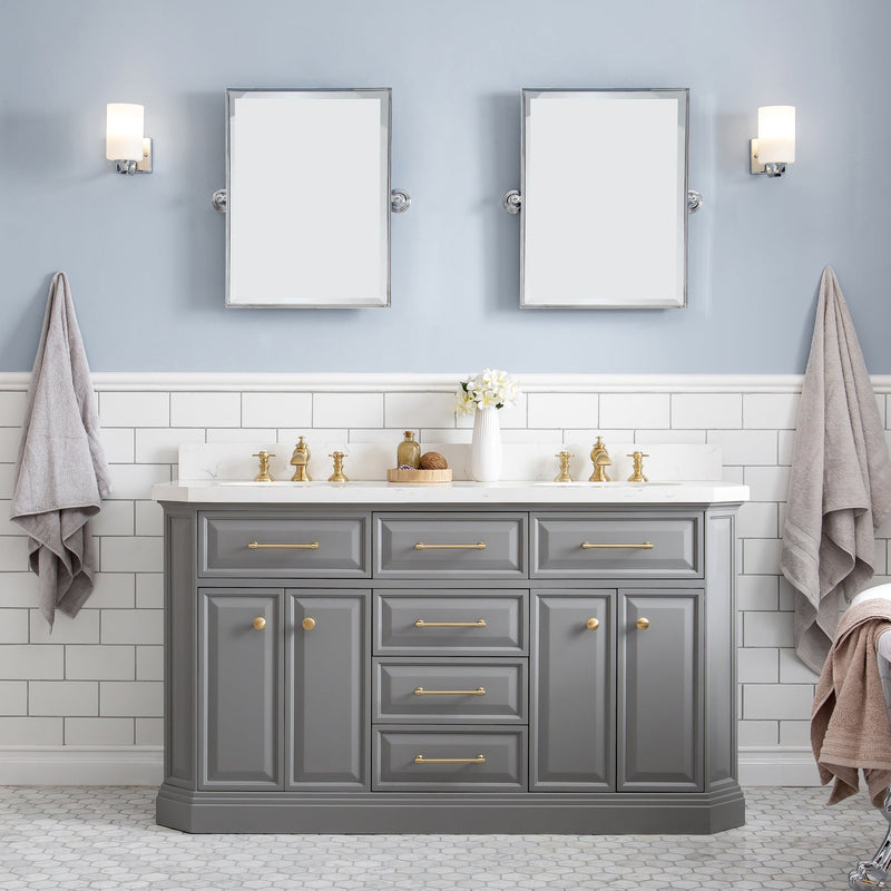 Water Creation 60" Palace Collection Quartz Carrara Cashmere Grey Bathroom Vanity Set with Hardware and F2-0013 Faucets in Satin Gold Finish and Only Mirrors in Chrome Finish PA60C-0613CG - Model Bath