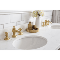 Water Creation 60" Palace Collection Quartz Carrara Cashmere Grey Bathroom Vanity Set with Hardware and F2-0013 Faucets in Satin Gold Finish and Only Mirrors in Chrome Finish PA60D-0613CG - Model Bath