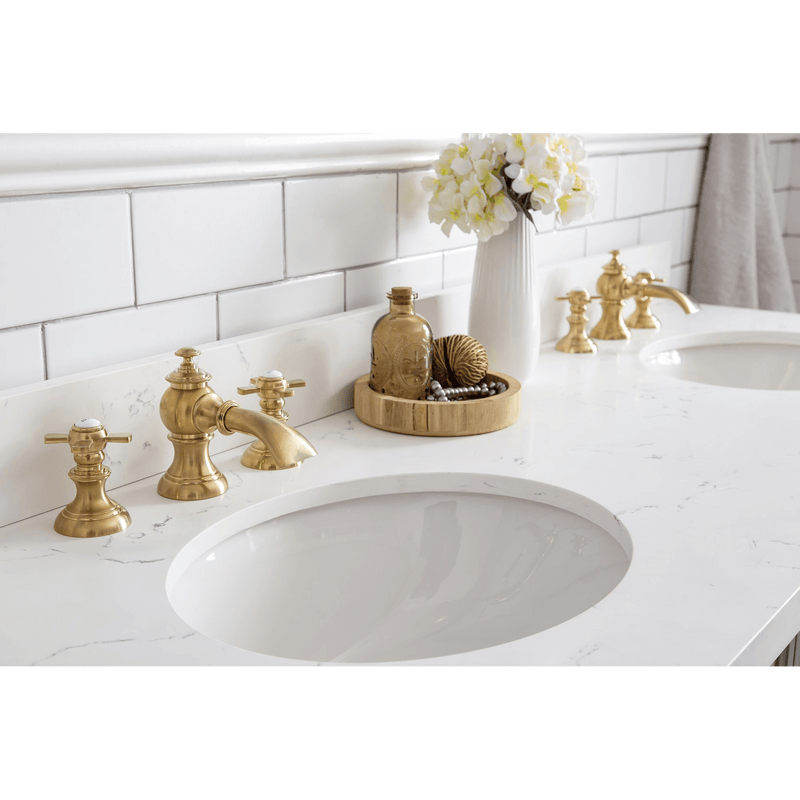Water Creation 60" Palace Collection Quartz Carrara Cashmere Grey Bathroom Vanity Set with Hardware and F2-0013 Faucets in Satin Gold Finish and Only Mirrors in Chrome Finish PA60D-0613CG - Model Bath