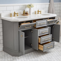 Water Creation 60" Palace Collection Quartz Carrara Cashmere Grey Bathroom Vanity Set with Hardware and F2-0013 Faucets in Satin Gold Finish and Only Mirrors in Chrome Finish PA60D-0613CG - Model Bath