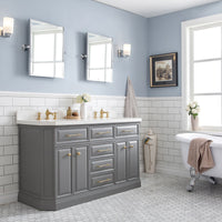 Water Creation 60" Palace Collection Quartz Carrara Cashmere Grey Bathroom Vanity Set with Hardware and F2-0013 Faucets in Satin Gold Finish and Only Mirrors in Chrome Finish PA60D-0613CG - Model Bath