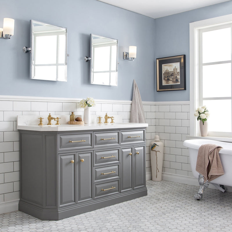 Water Creation 60" Palace Collection Quartz Carrara Cashmere Grey Bathroom Vanity Set with Hardware and F2-0013 Faucets in Satin Gold Finish and Only Mirrors in Chrome Finish PA60D-0613CG - Model Bath