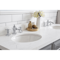 Water Creation 60" Palace Collection Quartz Carrara Cashmere Grey Bathroom Vanity Set with Hardware and F2-0013 Faucets, Mirror in Chrome Finish PA60D-0113CG - Model Bath