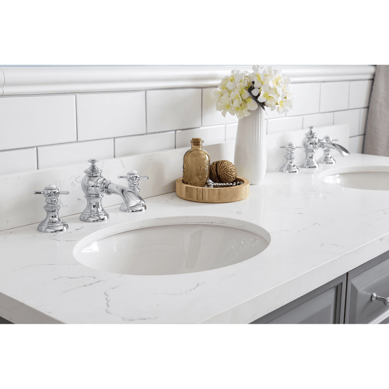 Water Creation 60" Palace Collection Quartz Carrara Cashmere Grey Bathroom Vanity Set with Hardware and F2-0013 Faucets, Mirror in Chrome Finish PA60D-0113CG - Model Bath