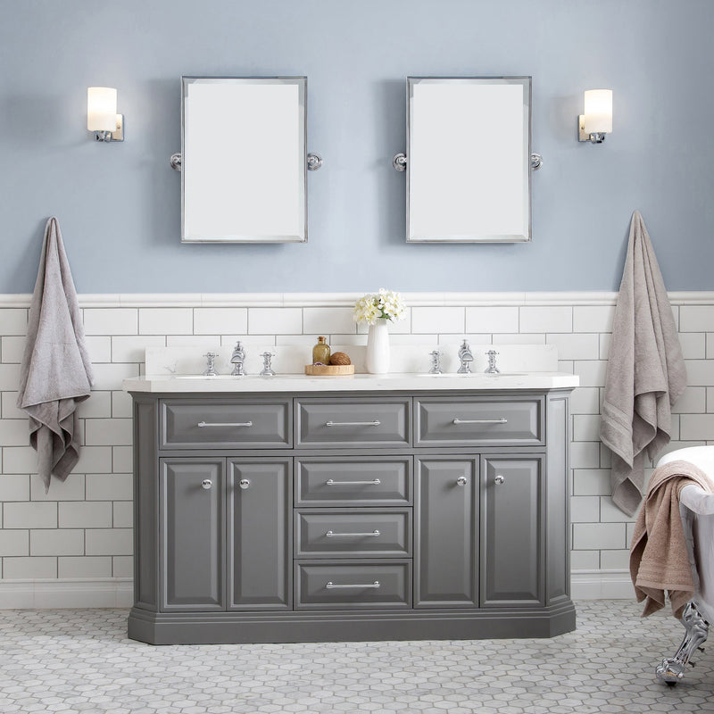Water Creation 60" Palace Collection Quartz Carrara Cashmere Grey Bathroom Vanity Set with Hardware and F2-0013 Faucets, Mirror in Chrome Finish PA60D-0113CG - Model Bath