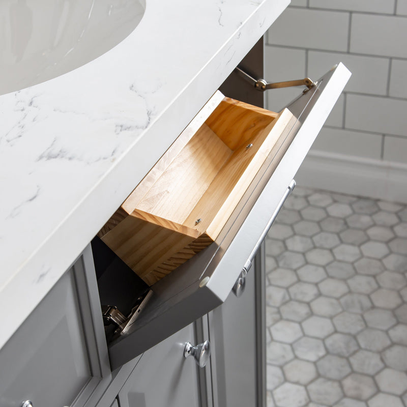 Water Creation 60" Palace Collection Quartz Carrara Cashmere Grey Bathroom Vanity Set with Hardware and F2-0013 Faucets, Mirror in Chrome Finish PA60D-0113CG - Model Bath