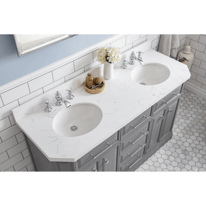Water Creation 60" Palace Collection Quartz Carrara Cashmere Grey Bathroom Vanity Set with Hardware and F2-0013 Faucets, Mirror in Chrome Finish PA60D-0113CG - Model Bath