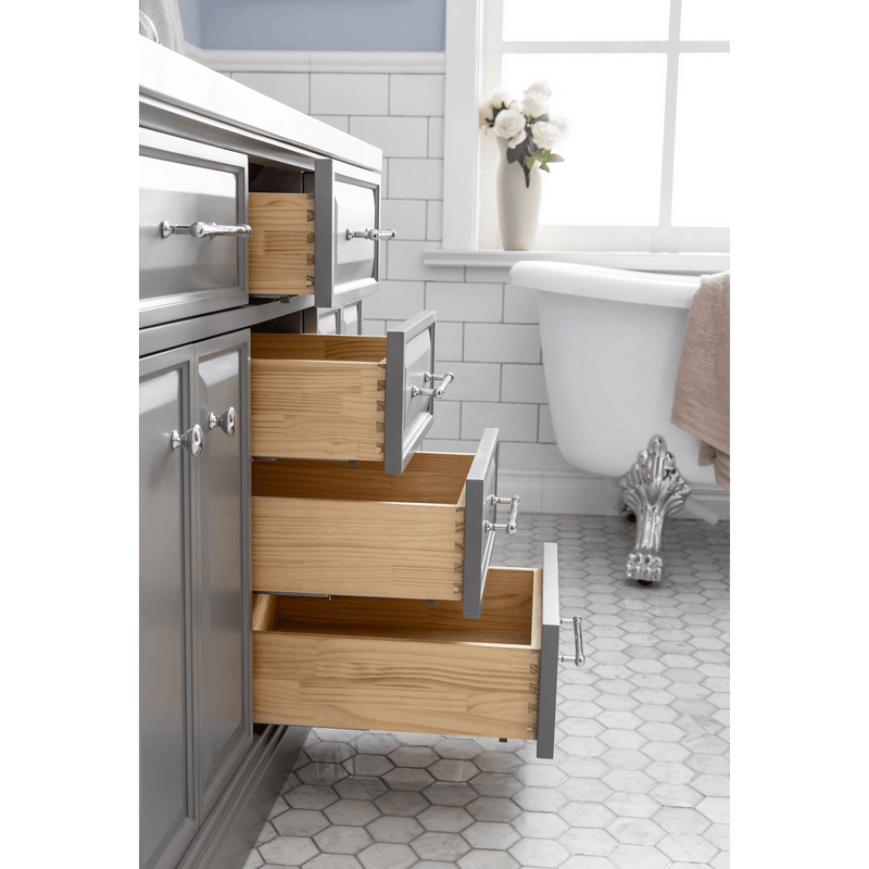 Water Creation 60" Palace Collection Quartz Carrara Cashmere Grey Bathroom Vanity Set with Hardware and F2-0013 Faucets, Mirror in Chrome Finish PA60D-0113CG - Model Bath