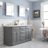 Water Creation 60" Palace Collection Quartz Carrara Cashmere Grey Bathroom Vanity Set with Hardware and F2-0013 Faucets, Mirror in Chrome Finish PA60D-0113CG - Model Bath