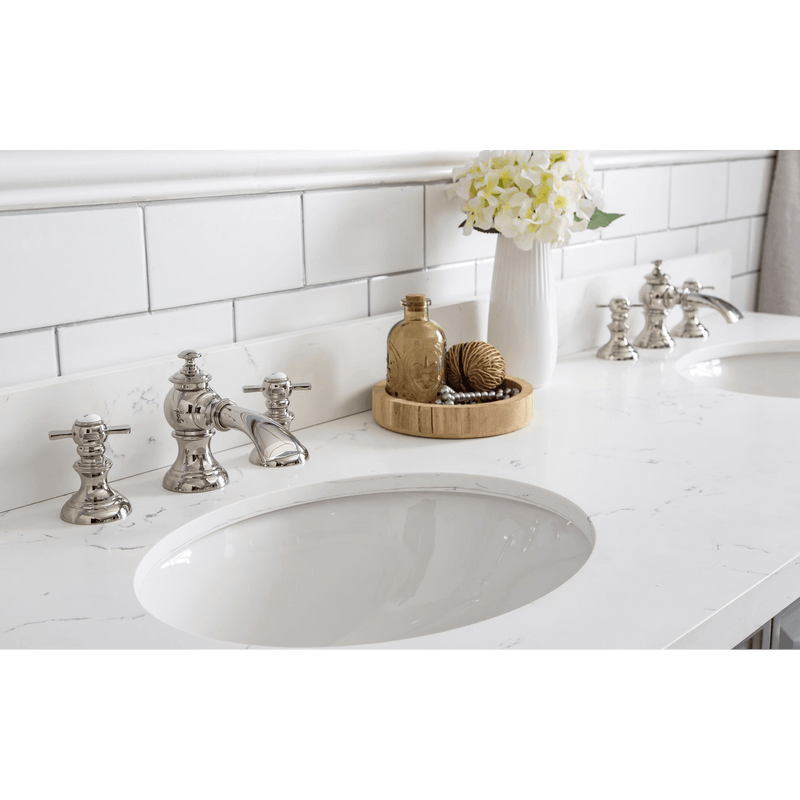 Water Creation 60" Palace Collection Quartz Carrara Cashmere Grey Bathroom Vanity Set with Hardware and F2-0013 Faucets, Mirror in Polished Nickel (PVD) Finish PA60D-0513CG - Model Bath