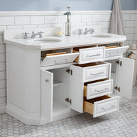 Water Creation 60" Palace Collection Quartz Carrara Pure White Bathroom Vanity Set with Hardware and F2-0009 Faucets in Chrome Finish PA60C-0109PW - Model Bath