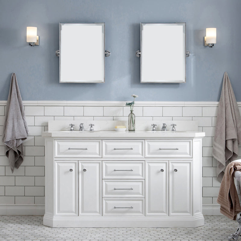Water Creation 60" Palace Collection Quartz Carrara Pure White Bathroom Vanity Set with Hardware and F2-0009 Faucets in Chrome Finish PA60C-0109PW - Model Bath