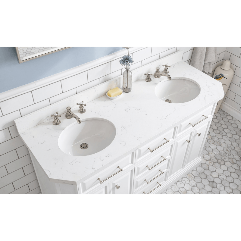 Water Creation 60" Palace Collection Quartz Carrara Pure White Bathroom Vanity Set with Hardware and F2-0009 Faucets in Polished Nickel (PVD) Finish PA60C-0509PW - Model Bath