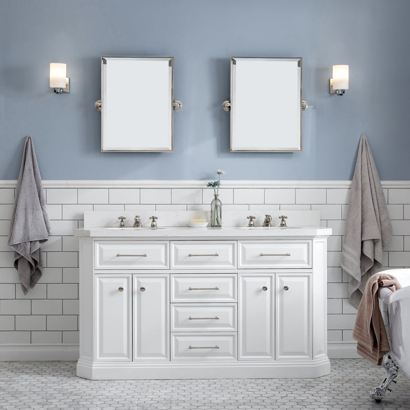 Water Creation 60" Palace Collection Quartz Carrara Pure White Bathroom Vanity Set with Hardware and F2-0009 Faucets in Polished Nickel (PVD) Finish PA60C-0509PW - Model Bath