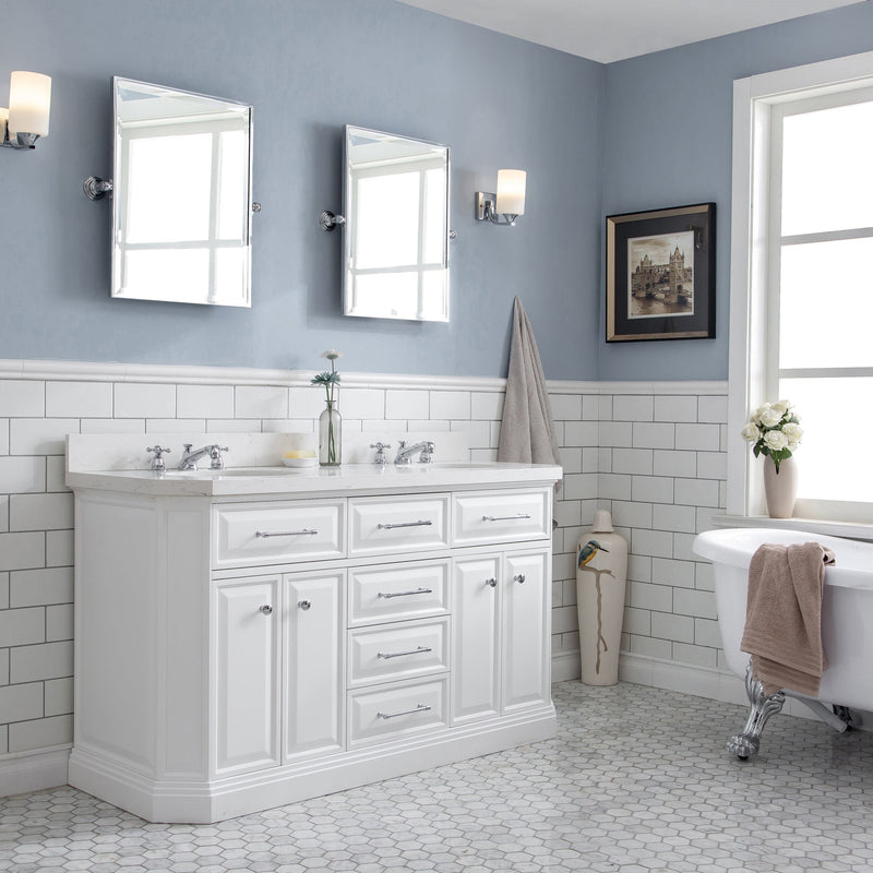 Water Creation 60" Palace Collection Quartz Carrara Pure White Bathroom Vanity Set with Hardware and F2-0009 Faucets, Mirror in Chrome Finish PA60D-0109PW - Model Bath
