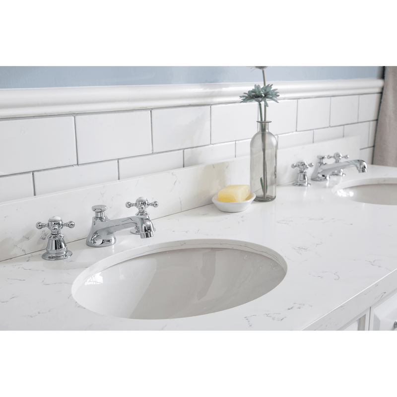 Water Creation 60" Palace Collection Quartz Carrara Pure White Bathroom Vanity Set with Hardware and F2-0009 Faucets, Mirror in Chrome Finish PA60D-0109PW - Model Bath