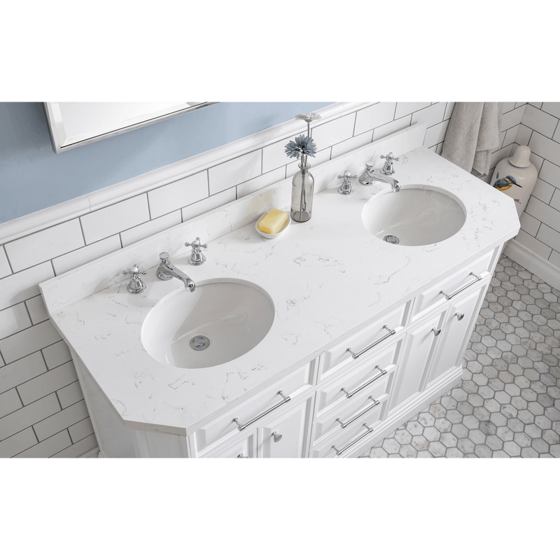 Water Creation 60" Palace Collection Quartz Carrara Pure White Bathroom Vanity Set with Hardware and F2-0009 Faucets, Mirror in Chrome Finish PA60D-0109PW - Model Bath