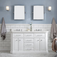 Water Creation 60" Palace Collection Quartz Carrara Pure White Bathroom Vanity Set with Hardware and F2-0009 Faucets, Mirror in Chrome Finish PA60D-0109PW - Model Bath