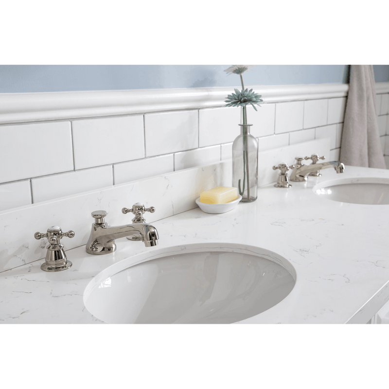 Water Creation 60" Palace Collection Quartz Carrara Pure White Bathroom Vanity Set with Hardware and F2-0009 Faucets, Mirror in Polished Nickel (PVD) Finish PA60D-0509PW - Model Bath