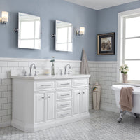 Water Creation 60" Palace Collection Quartz Carrara Pure White Bathroom Vanity Set with Hardware and F2-0012 Faucets in Chrome Finish PA60C-0112PW - Model Bath