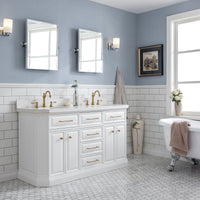 Water Creation 60" Palace Collection Quartz Carrara Pure White Bathroom Vanity Set with Hardware and F2-0012 Faucets in Satin Gold Finish and Only Mirrors in Chrome Finish PA60C-0612PW - Model Bath
