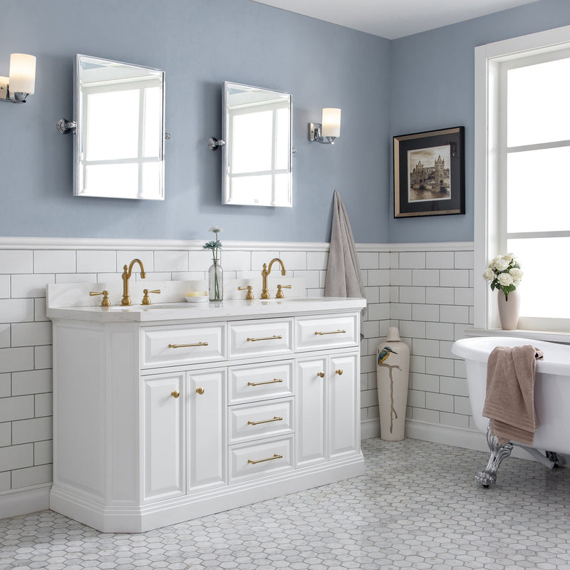Water Creation 60" Palace Collection Quartz Carrara Pure White Bathroom Vanity Set with Hardware and F2-0012 Faucets in Satin Gold Finish and Only Mirrors in Chrome Finish PA60C-0612PW - Model Bath