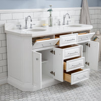 Water Creation 60" Palace Collection Quartz Carrara Pure White Bathroom Vanity Set with Hardware and F2-0012 Faucets, Mirror in Chrome Finish PA60D-0112PW - Model Bath
