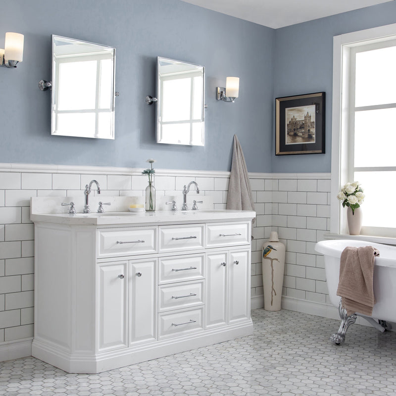 Water Creation 60" Palace Collection Quartz Carrara Pure White Bathroom Vanity Set with Hardware and F2-0012 Faucets, Mirror in Chrome Finish PA60D-0112PW - Model Bath