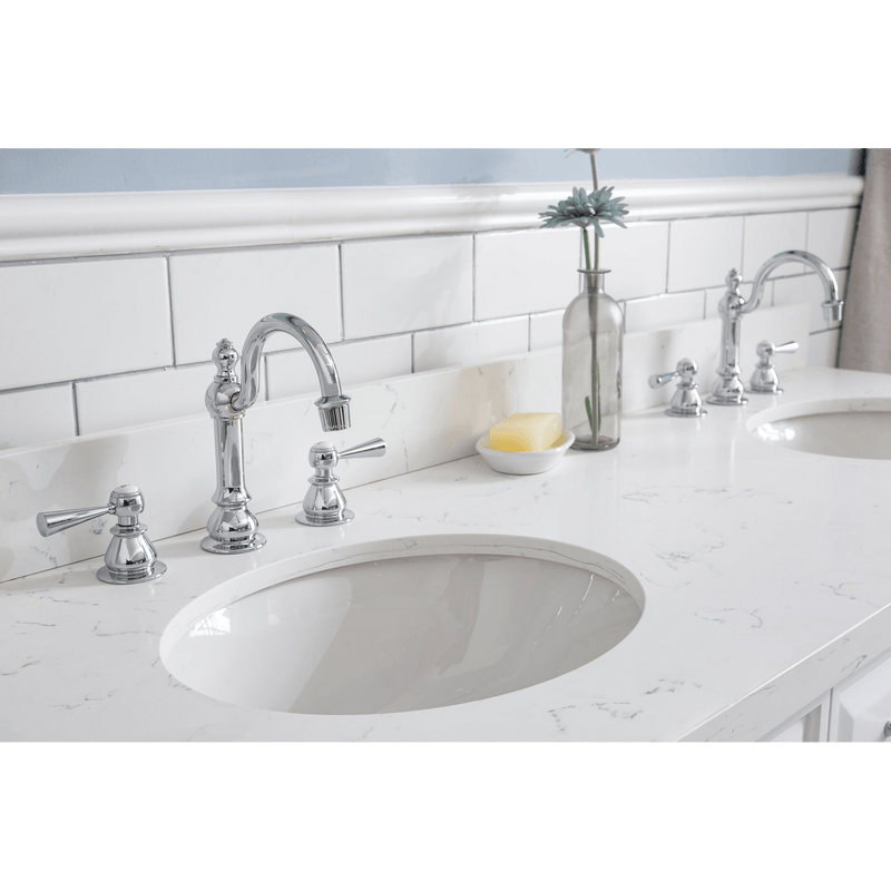 Water Creation 60" Palace Collection Quartz Carrara Pure White Bathroom Vanity Set with Hardware and F2-0012 Faucets, Mirror in Chrome Finish PA60D-0112PW - Model Bath