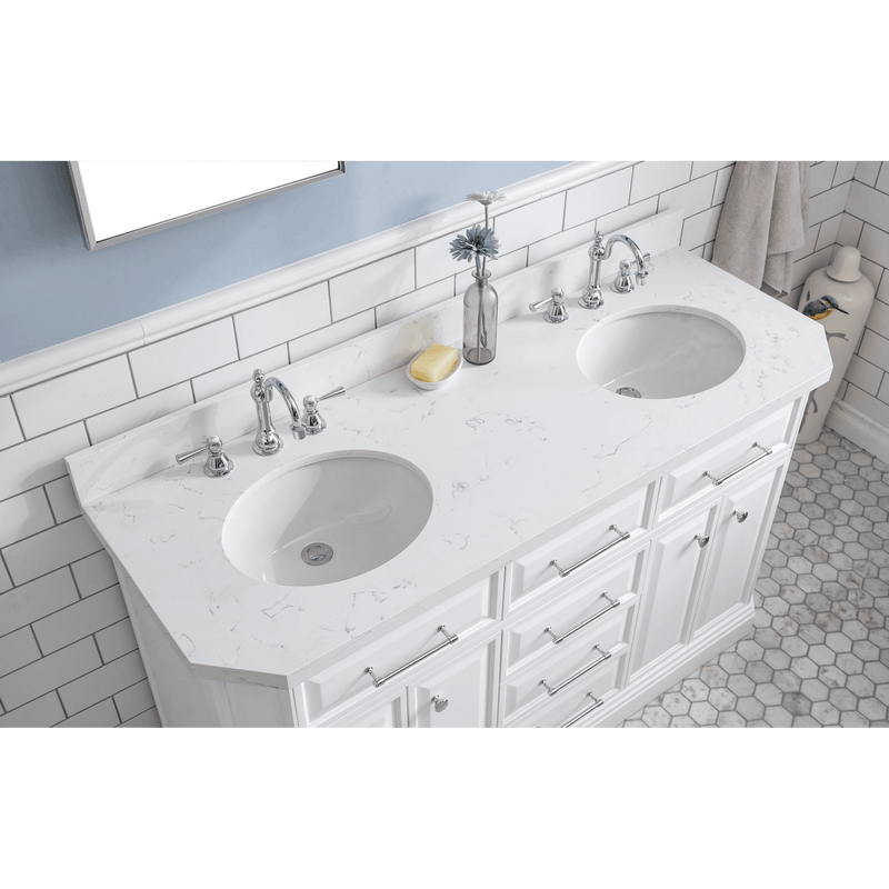 Water Creation 60" Palace Collection Quartz Carrara Pure White Bathroom Vanity Set with Hardware and F2-0012 Faucets, Mirror in Chrome Finish PA60D-0112PW - Model Bath
