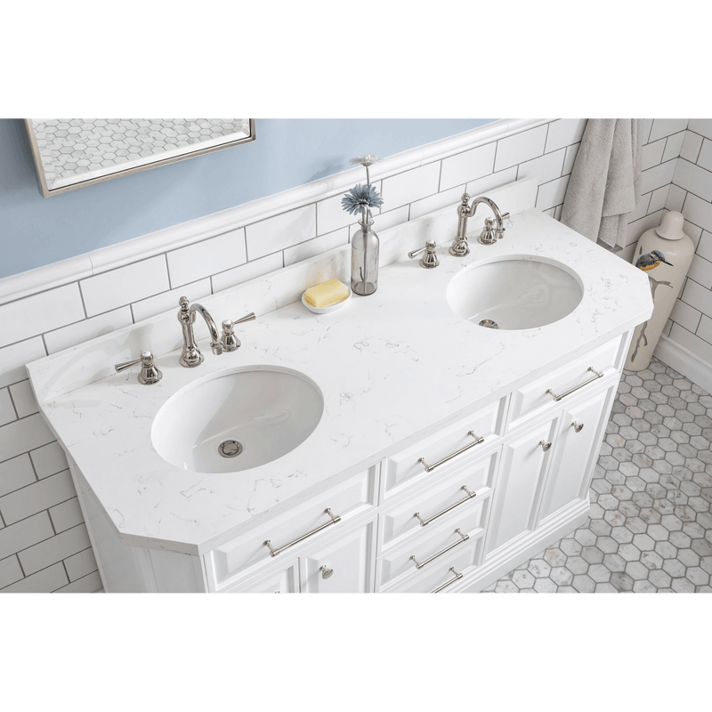 Water Creation 60" Palace Collection Quartz Carrara Pure White Bathroom Vanity Set with Hardware and F2-0012 Faucets, Mirror in Polished Nickel (PVD) Finish PA60D-0512PW - Model Bath