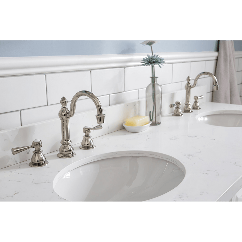 Water Creation 60" Palace Collection Quartz Carrara Pure White Bathroom Vanity Set with Hardware and F2-0012 Faucets, Mirror in Polished Nickel (PVD) Finish PA60D-0512PW - Model Bath