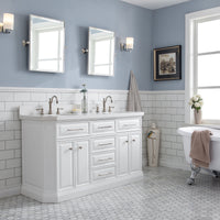 Water Creation 60" Palace Collection Quartz Carrara Pure White Bathroom Vanity Set with Hardware and F2-0012 Faucets, Mirror in Polished Nickel (PVD) Finish PA60D-0512PW - Model Bath