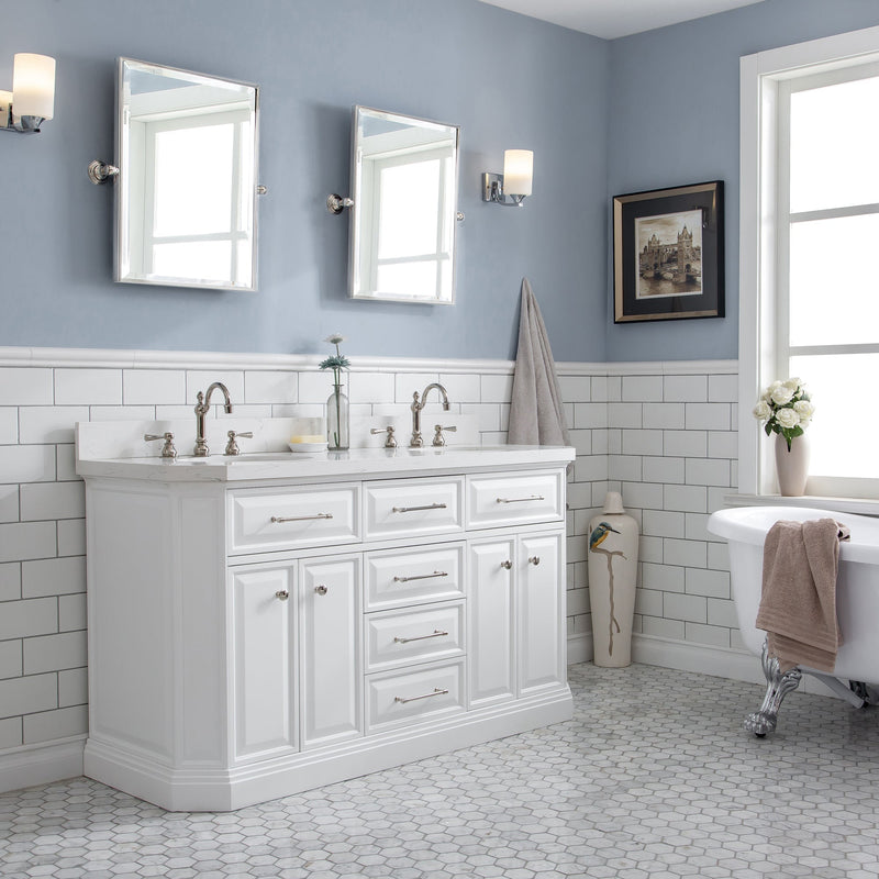 Water Creation 60" Palace Collection Quartz Carrara Pure White Bathroom Vanity Set with Hardware and F2-0012 Faucets, Mirror in Polished Nickel (PVD) Finish PA60D-0512PW - Model Bath