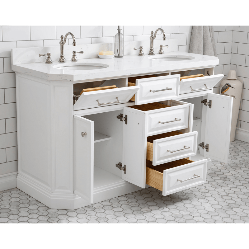 Water Creation 60" Palace Collection Quartz Carrara Pure White Bathroom Vanity Set with Hardware and F2-0012 Faucets, Mirror in Polished Nickel (PVD) Finish PA60D-0512PW - Model Bath