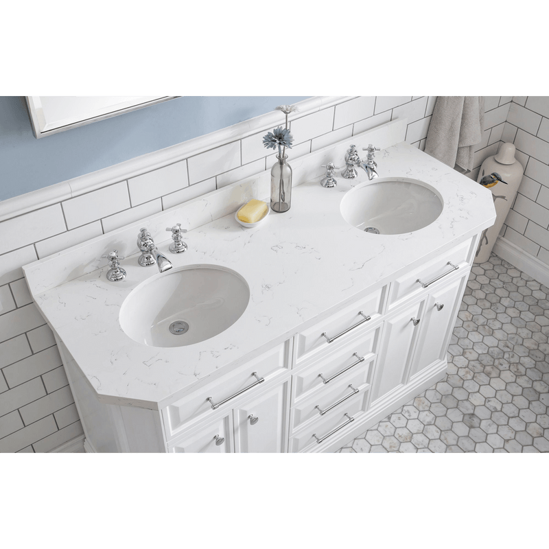 Water Creation 60" Palace Collection Quartz Carrara Pure White Bathroom Vanity Set with Hardware and F2-0013 Faucets in Chrome Finish PA60C-0113PW - Model Bath