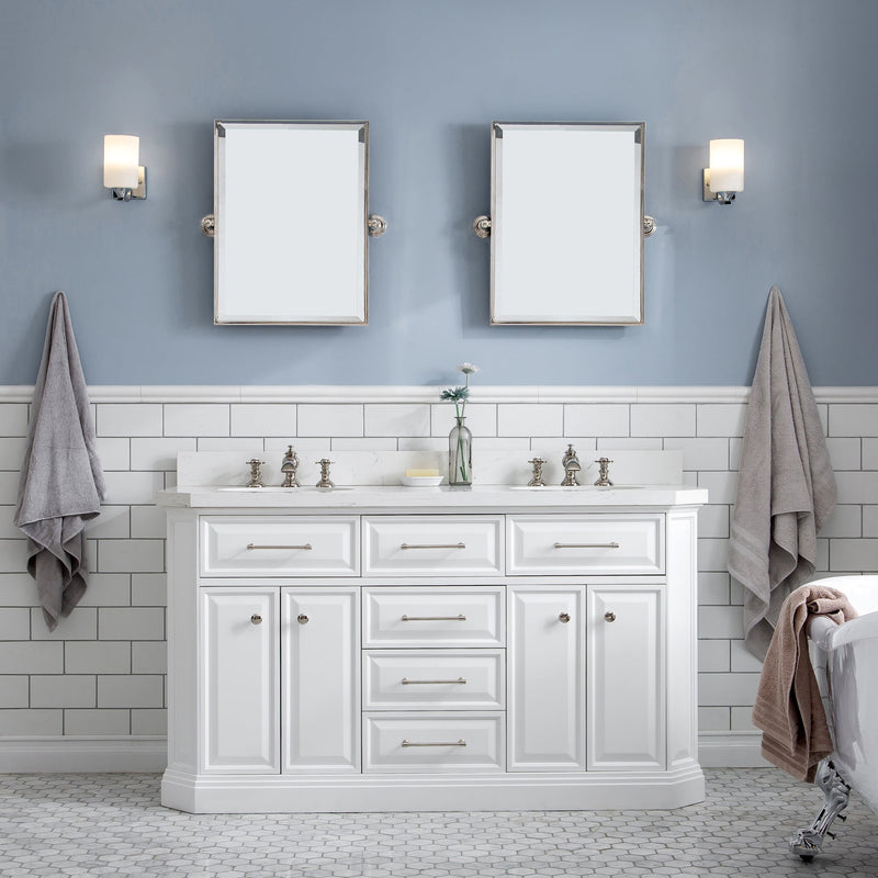 Water Creation 60" Palace Collection Quartz Carrara Pure White Bathroom Vanity Set with Hardware and F2-0013 Faucets in Polished Nickel (PVD) Finish PA60C-0513PW - Model Bath