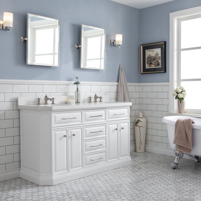 Water Creation 60" Palace Collection Quartz Carrara Pure White Bathroom Vanity Set with Hardware and F2-0013 Faucets in Polished Nickel (PVD) Finish PA60C-0513PW - Model Bath