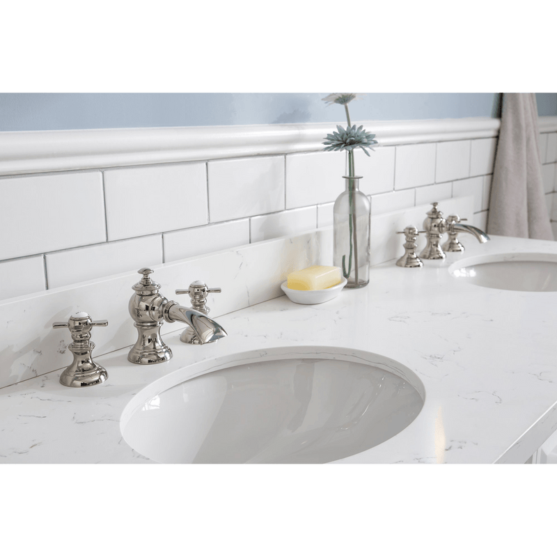 Water Creation 60" Palace Collection Quartz Carrara Pure White Bathroom Vanity Set with Hardware and F2-0013 Faucets in Polished Nickel (PVD) Finish PA60C-0513PW - Model Bath