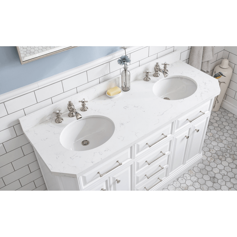 Water Creation 60" Palace Collection Quartz Carrara Pure White Bathroom Vanity Set with Hardware and F2-0013 Faucets in Polished Nickel (PVD) Finish PA60C-0513PW - Model Bath