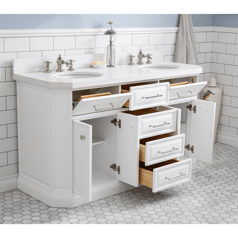 Water Creation 60" Palace Collection Quartz Carrara Pure White Bathroom Vanity Set with Hardware and F2-0013 Faucets in Polished Nickel (PVD) Finish PA60C-0513PW - Model Bath