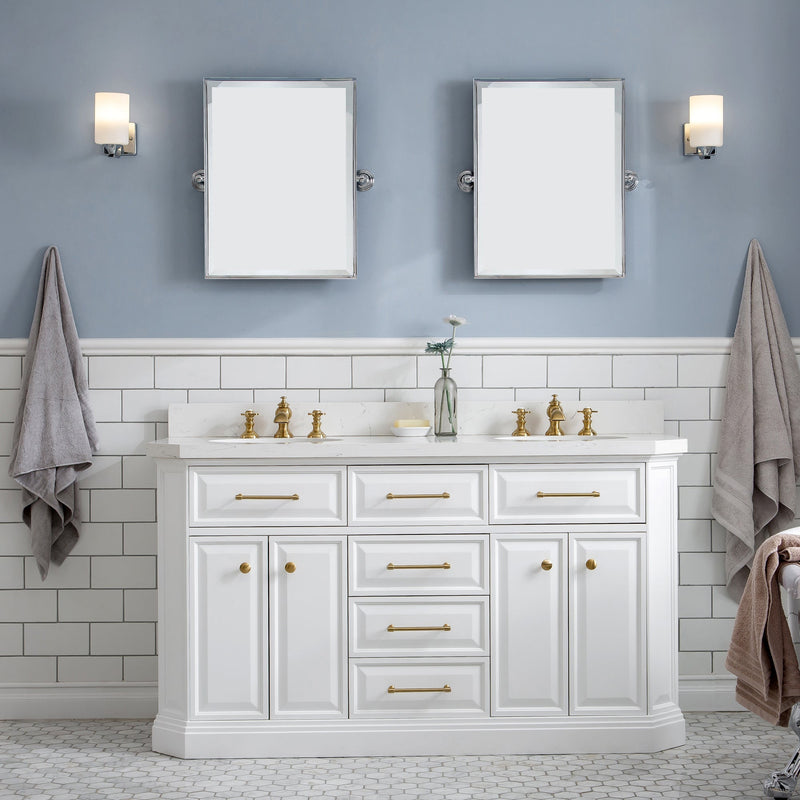 Water Creation 60" Palace Collection Quartz Carrara Pure White Bathroom Vanity Set with Hardware and F2-0013 Faucets in Satin Gold Finish and Only Mirrors in Chrome Finish PA60D-0613PW - Model Bath